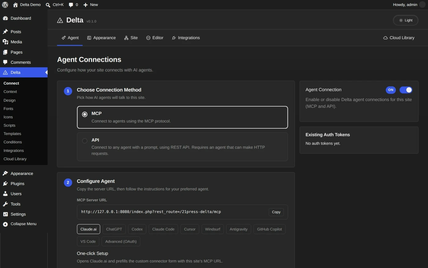 The Delta Connect screen in dark mode. Step 1 selects the connection method (MCP or API); step 2 shows the MCP Server URL and tabs for each supported client.