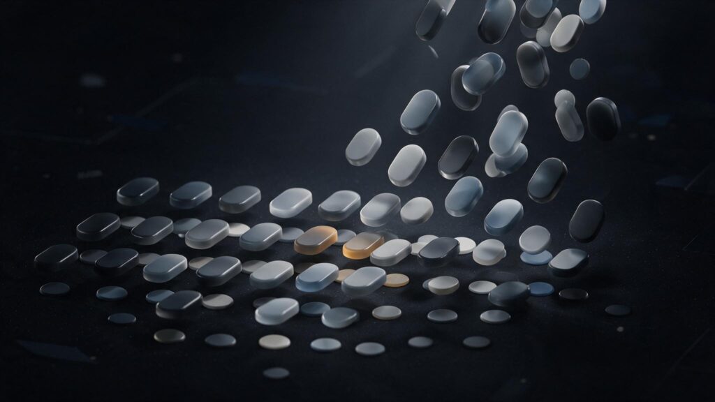 Rounded pill chips and colour swatches falling into ordered rows, on a near-black background