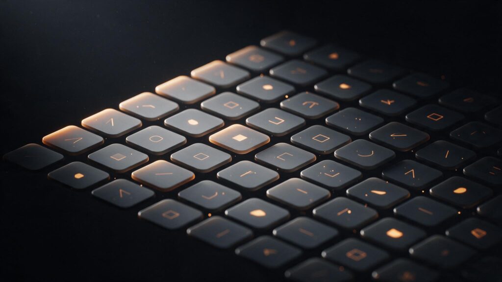 Abstract grid of small rounded tiles, each with a simple glyph, on a near-black background