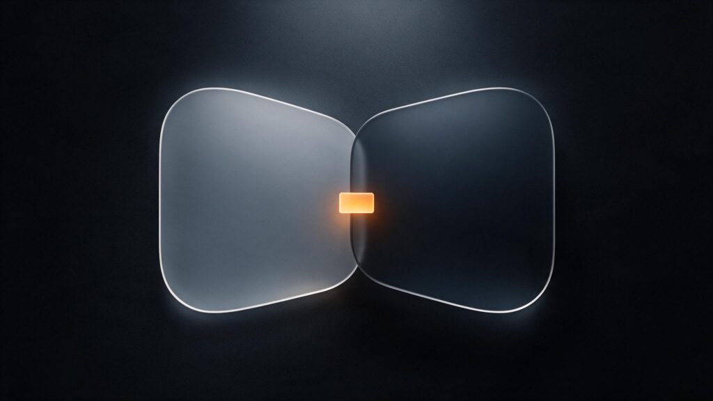 Two overlapping translucent panels with a glowing caret between them, on a near-black background