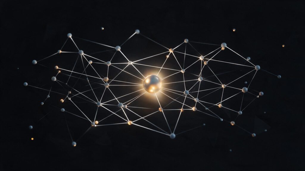 Small glowing nodes joined by thin lines, converging on one larger node, on a near-black background