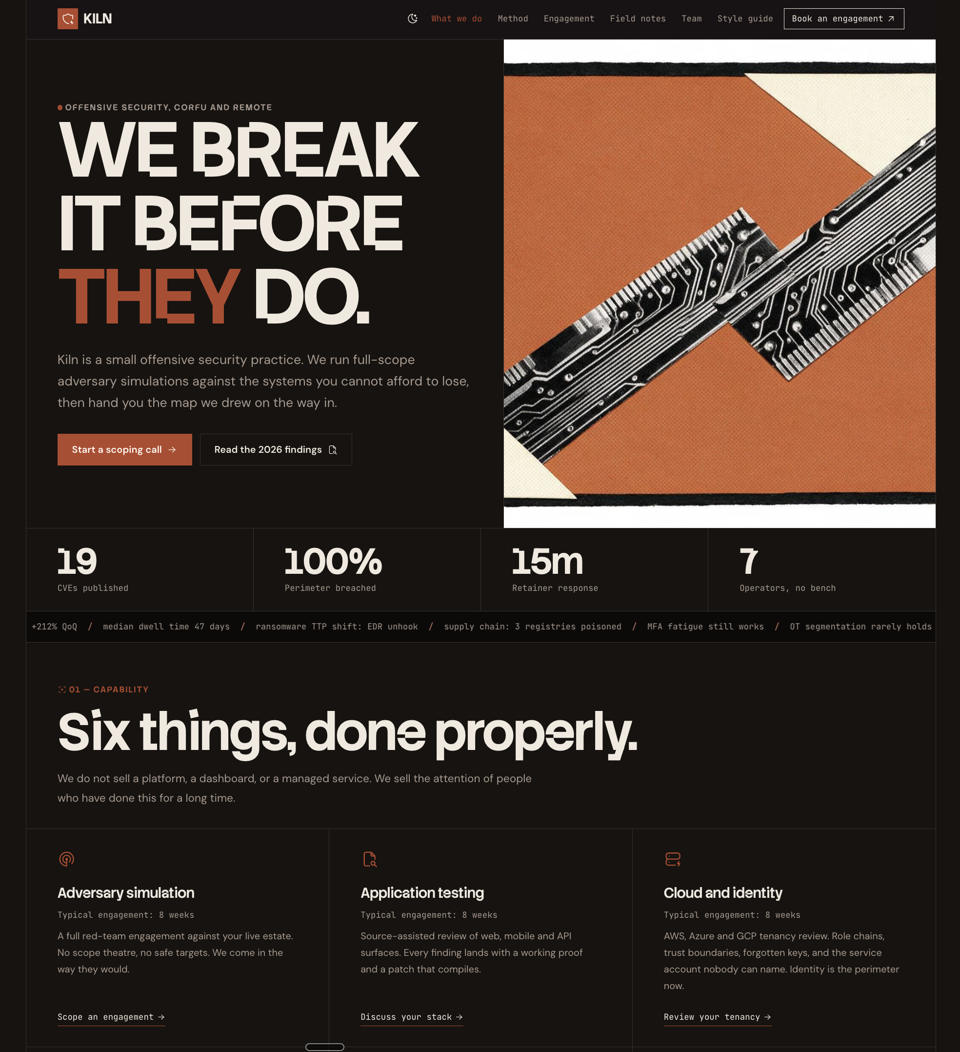 Kiln — an offensive security site with bold condensed type and orange circuit-board collage, generated with Delta
