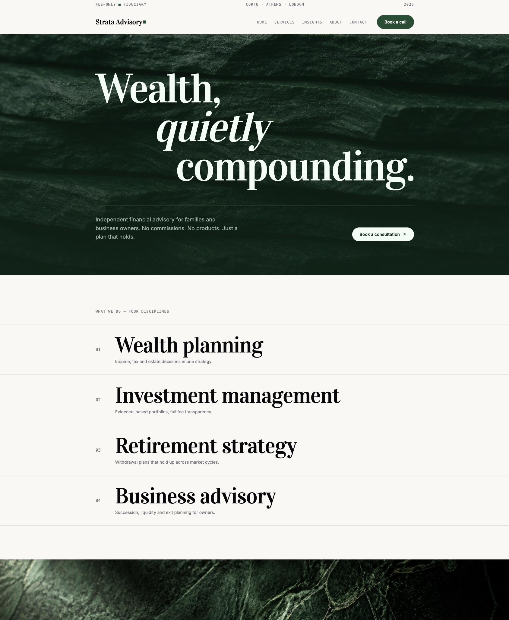 Strata Advisory — a financial advisory site with serif display type on deep green stone imagery, generated with Delta